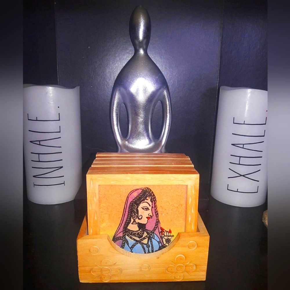 7 Piece Coaster Set Wood Glass Top With Holder Boho Gypsy Goddess RARE